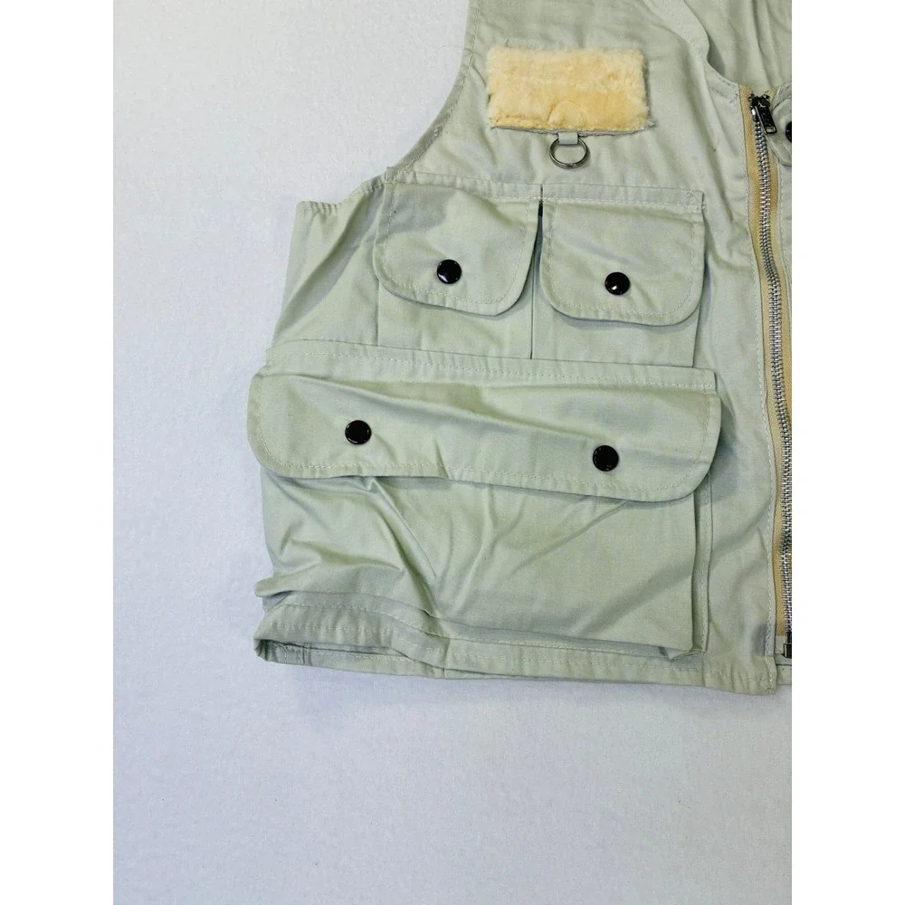 Vintage Crown Fishing Vest Tan Cotton Multi Pocket Fly Patch Mens Small RN 13171